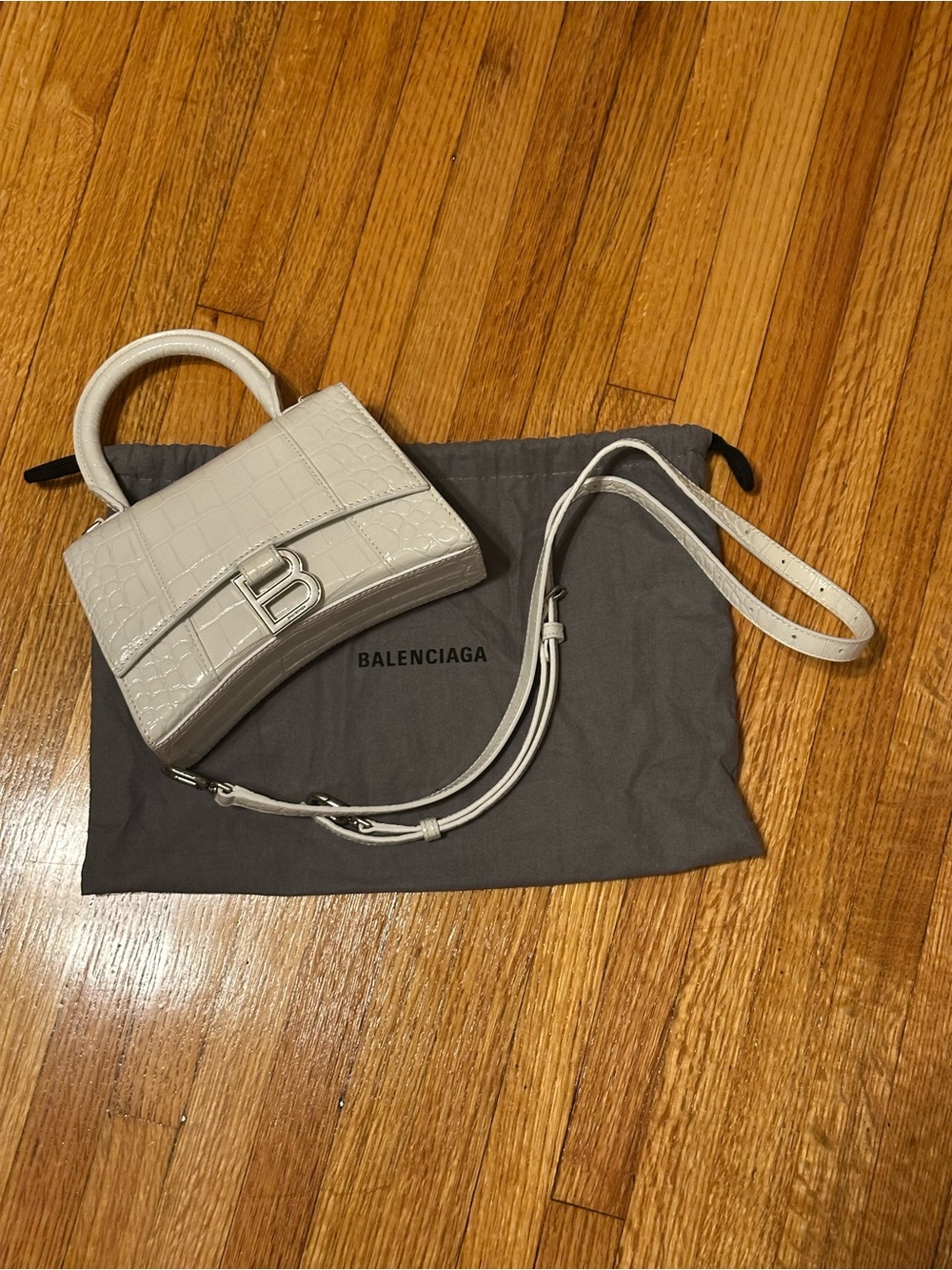 Balenciaga Mini Hourglass Top Handle Bag in white Croc-Embossed Leather